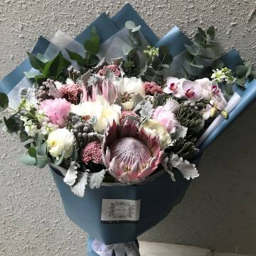 Blush Italian Ranunculus, Queen Protea and Peony Bouquet