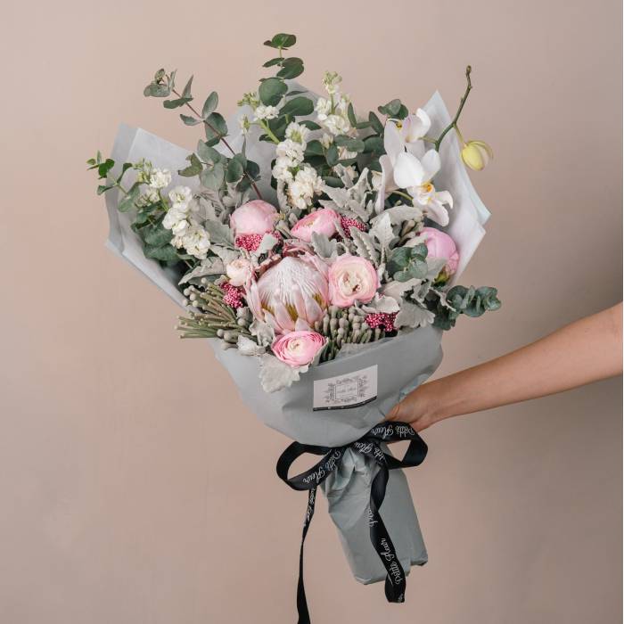 Blush Italian Ranunculus, Queen Protea and Peony Bouquet