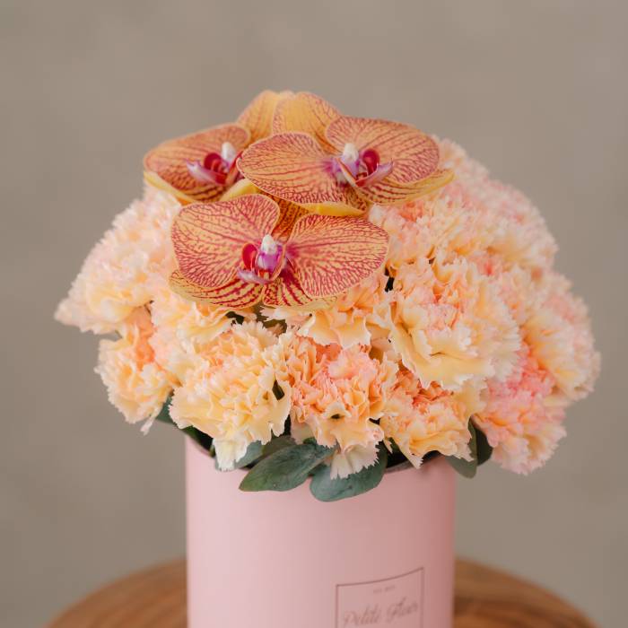 Peach Carnation & Yellow Orchid Petite Flower Box