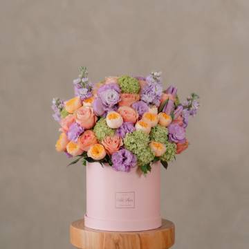 Lilac Lisianthus & Orange Garden Rose Flower Box