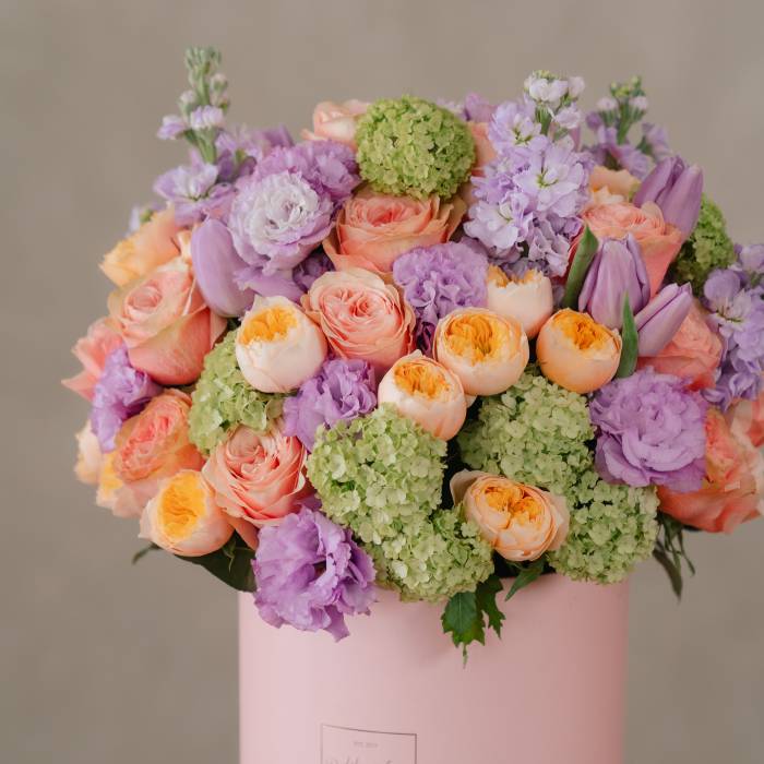 Lilac Lisianthus & Orange Garden Rose Flower Box