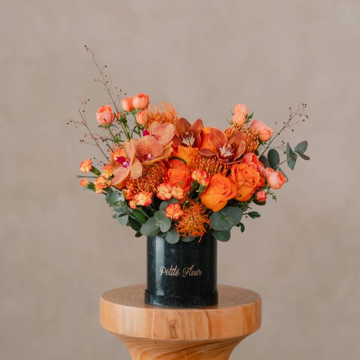 Orange Rose & Pincushion Orchid Flower Box