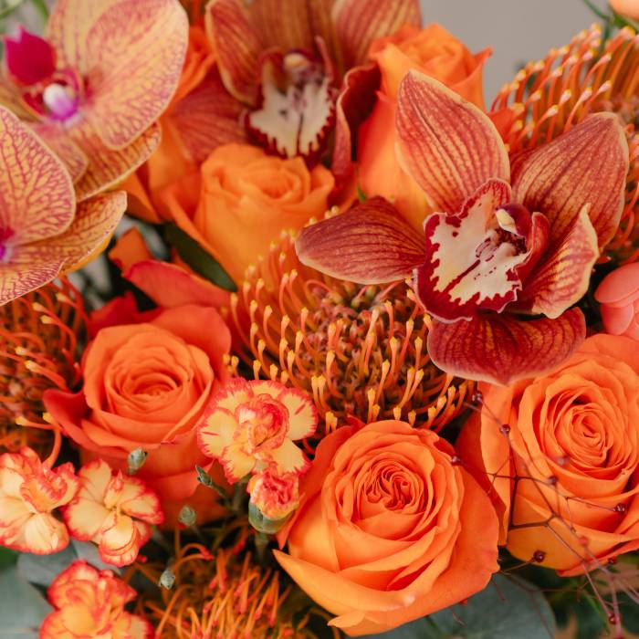 Orange Rose & Pincushion Orchid Flower Box