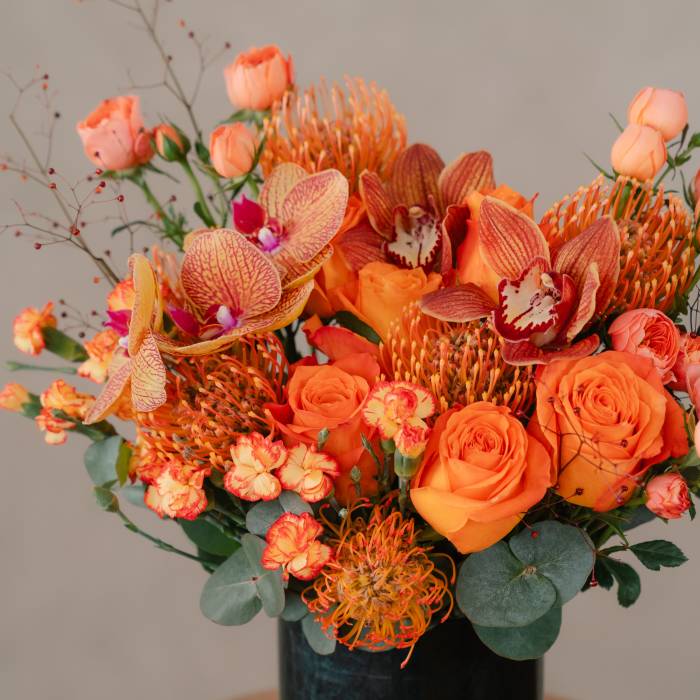 Orange Rose & Pincushion Orchid Flower Box