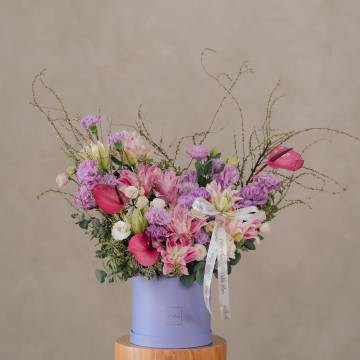 Pink Double Petaled Lily and Lilac Carnation Flower Box