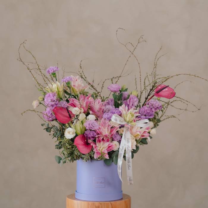 Pink Double Petaled Lily and Lilac Carnation Flower Box