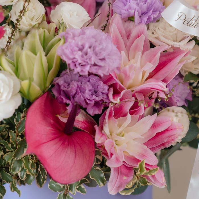 Pink Double Petaled Lily and Lilac Carnation Flower Box