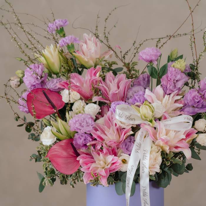 Pink Double Petaled Lily and Lilac Carnation Flower Box
