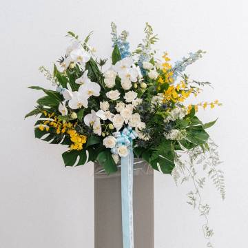 Lush Delphinium and Orchid Floral Stand