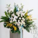 Lush Delphinium and Orchid Floral Stand