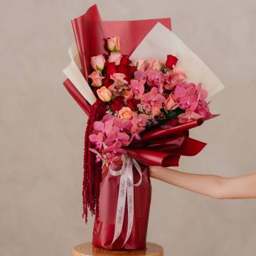 Crimson Elegance – Signature Orchid & Rose Bouquet