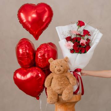 Forever Yours Gift Set – Jellycat Bartholomew Bear, Roses and Balloon Bouquet