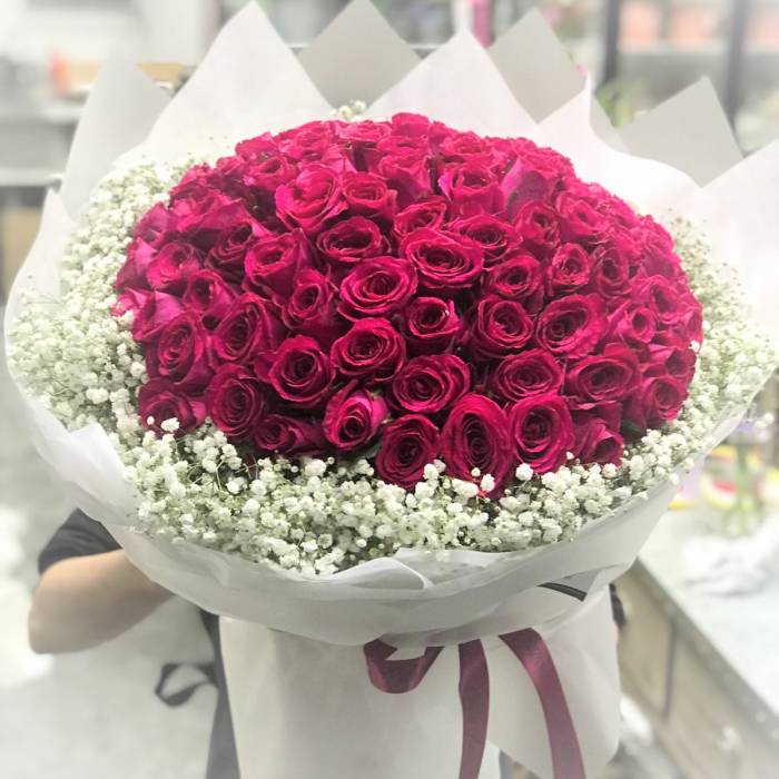 99 Premium Roses  with Gypsophila