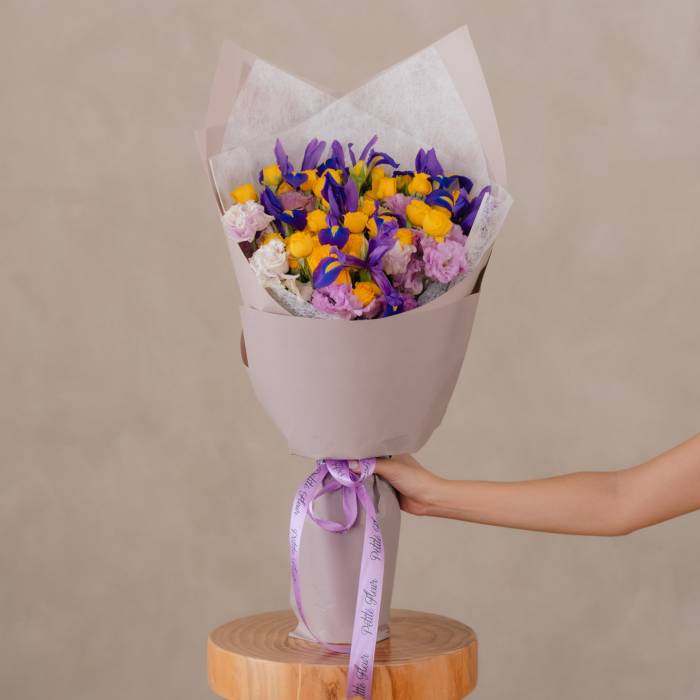 Purple Iris and Yellow Spray Roses Bouquet