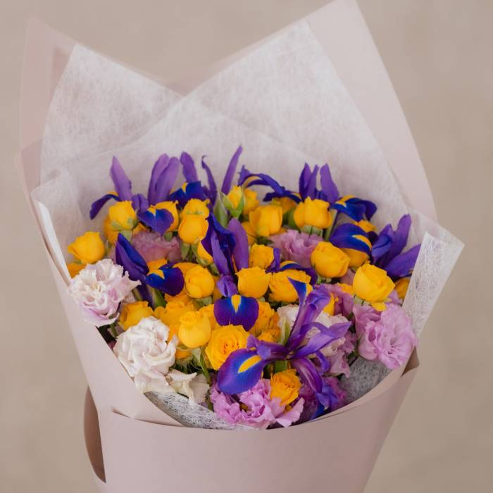 Purple Iris and Yellow Spray Roses Bouquet